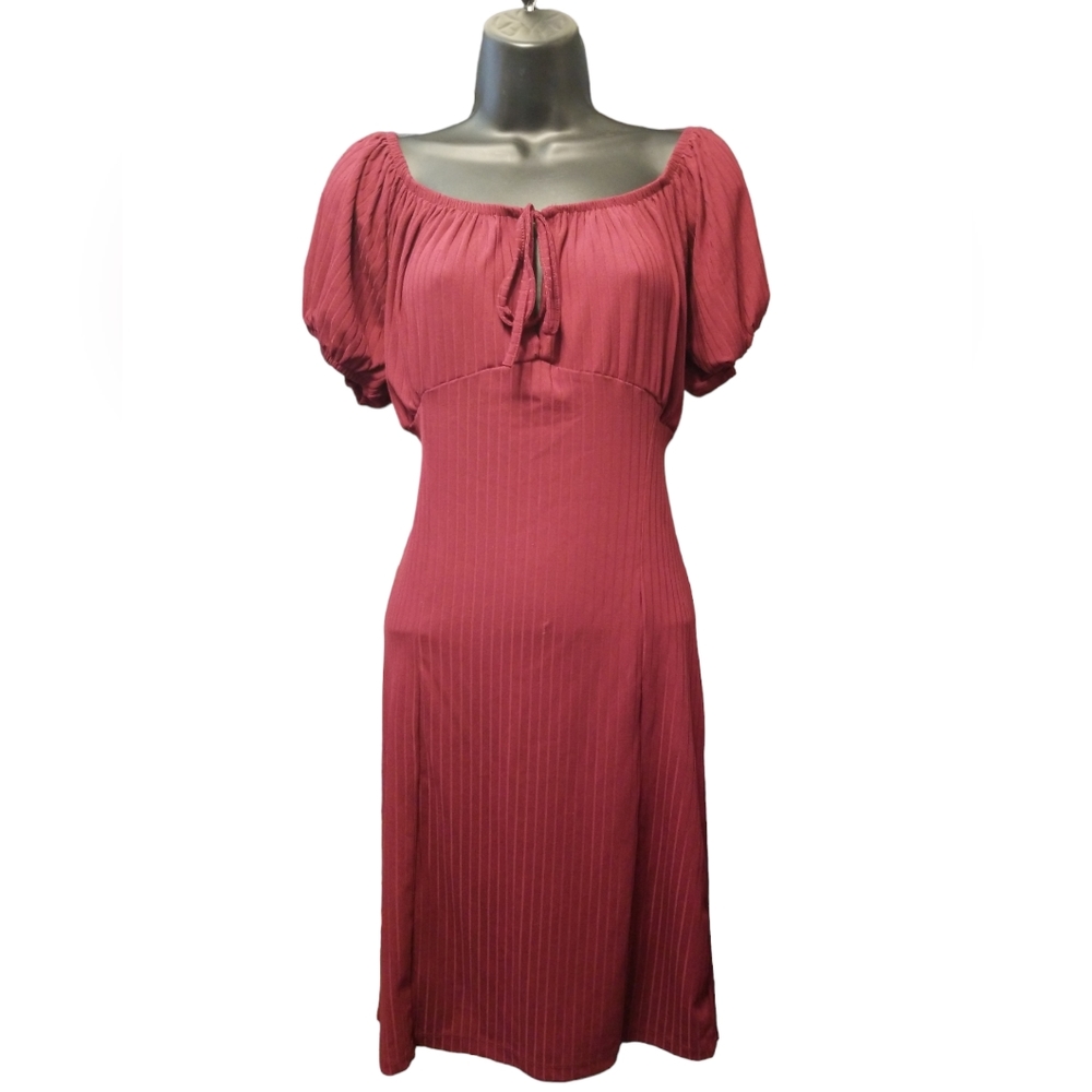 Puff Sleeve Ribbed Midi Dress